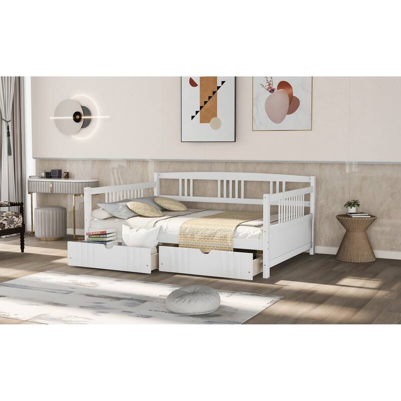 Daybed Wood Bed with Two Drawers - White Full - Full