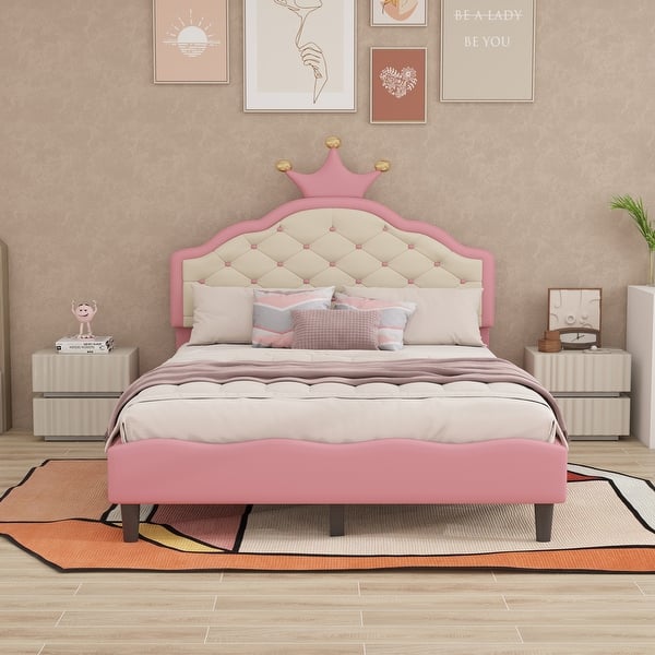 slide 2 of 24, Cute Crown PU Leather Princess Bed