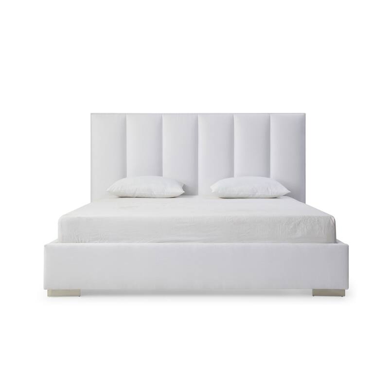 Queen Velvet Bed - Antique Ambiance, White Linen Blend Fabric, Stainless Steel Legs, Modern Design