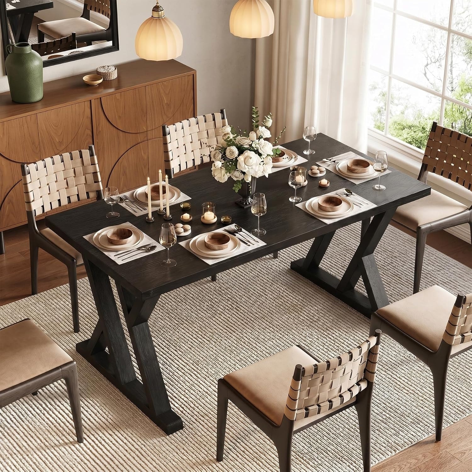 63-Inch Solid Wood Dining Table, Farmhouse Kitchen Table for 4-6