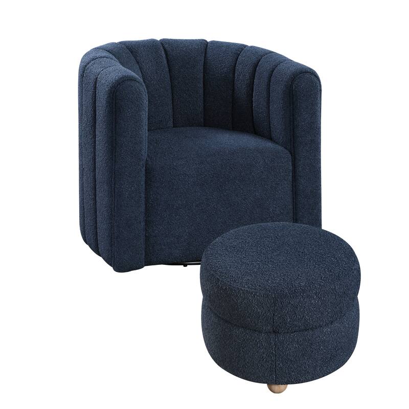 Noa Swivel Chair and Ottoman, Channel Tufted Curved Back, Blue Boucle