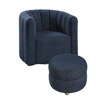 Noa Swivel Chair and Ottoman, Channel Tufted Curved Back, Blue Boucle