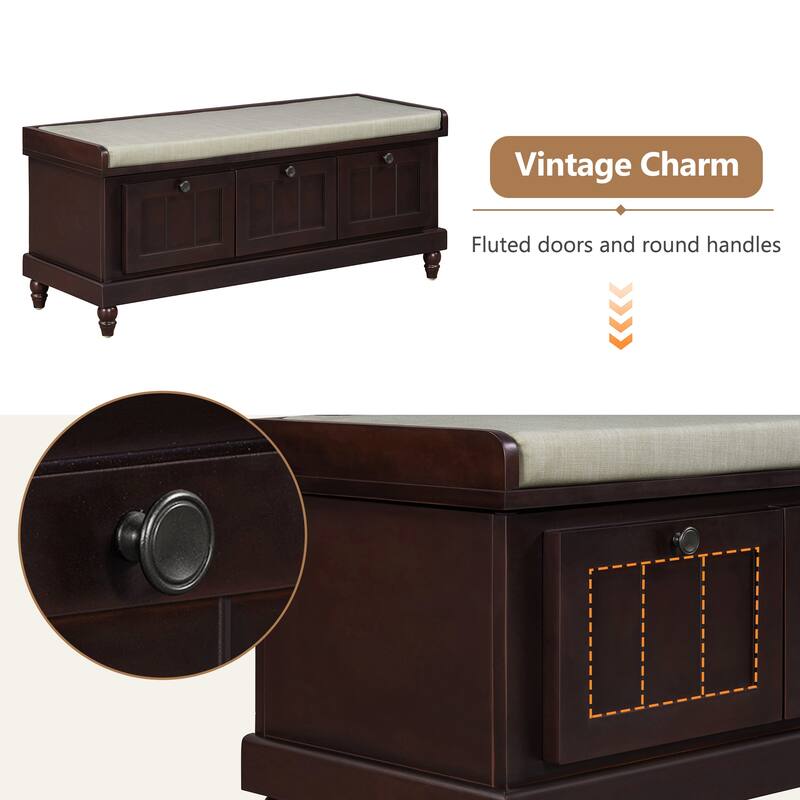 44" Classic Shoe Bench with Cushion and Three Drawers