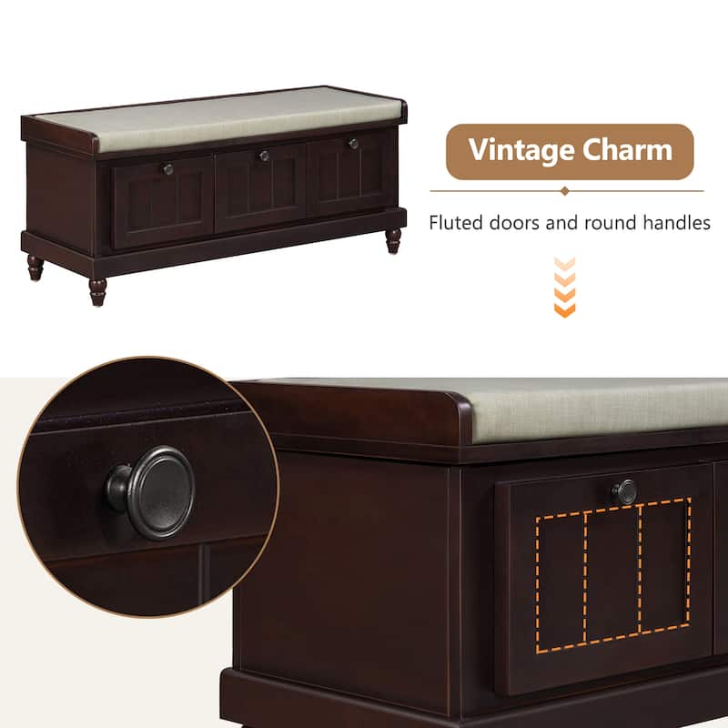 Roomfitters Classic Entryway Bench with Cushion, 3 Hidden Storage Spaces, Grooved Doors and Round Handles