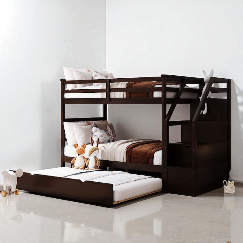 Twin Over Twin Bunk Bed with Trundle and 3 Storage Stairs, Solid Wood Frame, No Box Spring Required - Espresso - Twin