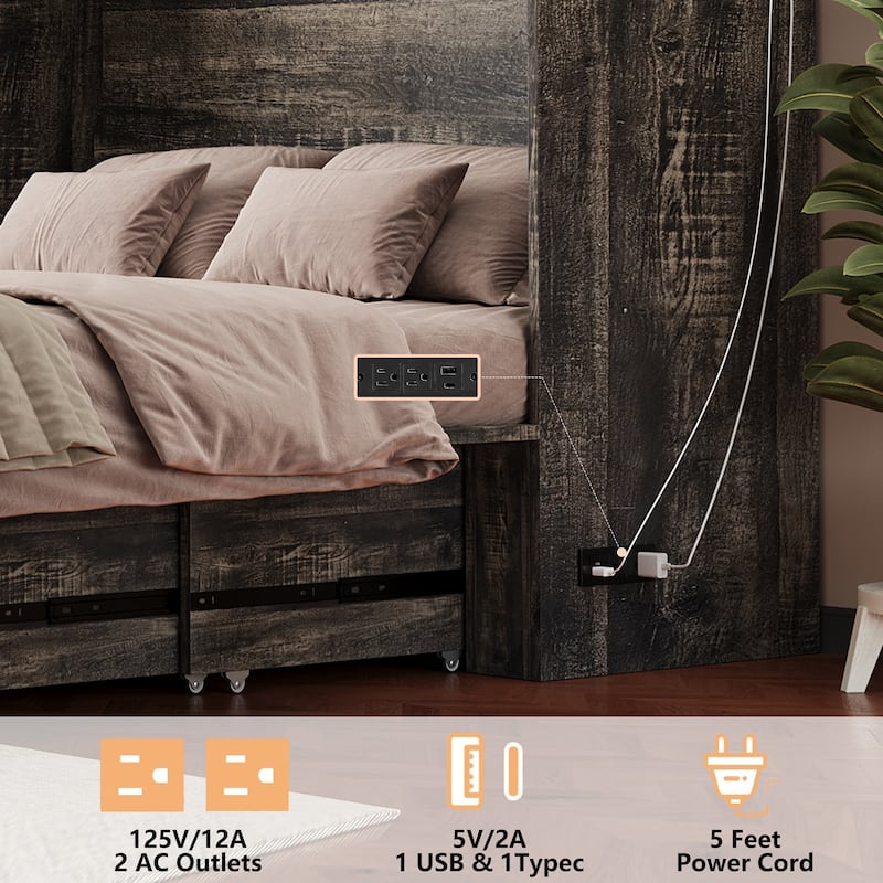Queen Murphy Bed with Charging Station, Farmhouse Murphy Cabinet Bed with Large Storage Drawer, Hideaway Foldable Platform Bed