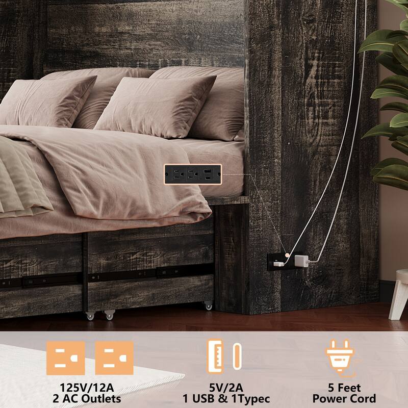 Queen Murphy Bed with Charging Station & Large Storage Drawer, Farmhouse Cabinet Hideaway Bed for Guest Room
