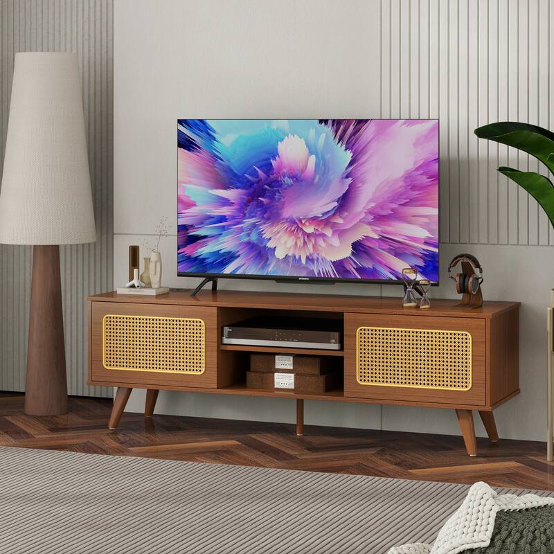 Modern TV Stand with 2 Storage Cabinet and Upper and Lower Compartment 4 Strips Wood Legs for Living Room
