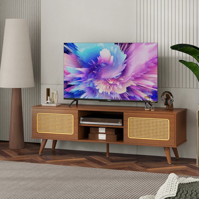 TV Stand with Rattan Cabinet Doors, Entertainment Center with Shelves and 2 Cabinets, Console Table with Solid Wood Feet