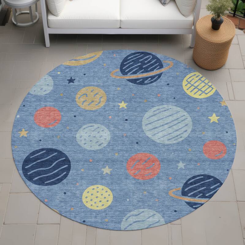 Machine Washable Indoor/ Outdoor Modern Planets Chantille Rug - Blue - 8' x 8'
