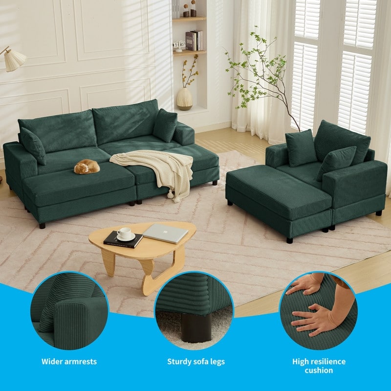Mixoy Extra-Large Corduroy Upholstered Modular Sectional Sofa Set,Deep Seat Sleeper Chair with Ottoman - 2+1