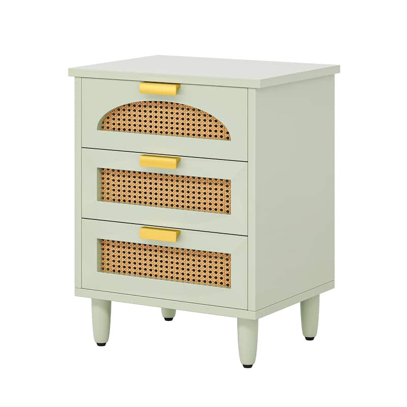 Wood/ Rattan Nightstand Bedside Table with 3-drawer