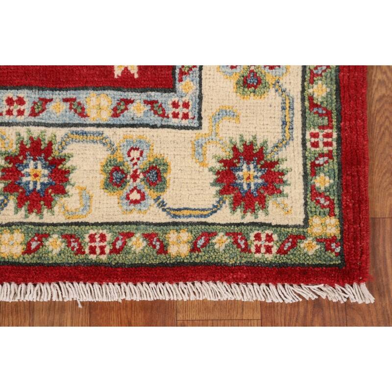 Red Geometric Kazak Foyer Rug Hand-Knotted Wool Carpet - 2'10" x 4'2"
