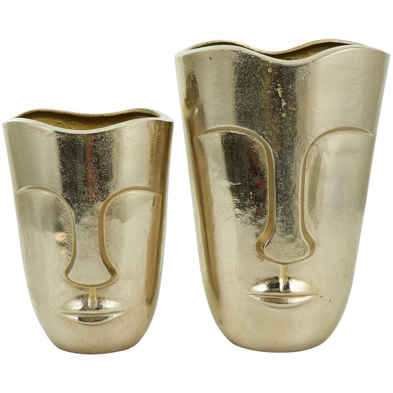 Gold Aluminum Metal Face Decorative Vase with Abstract Details (Set of 2)