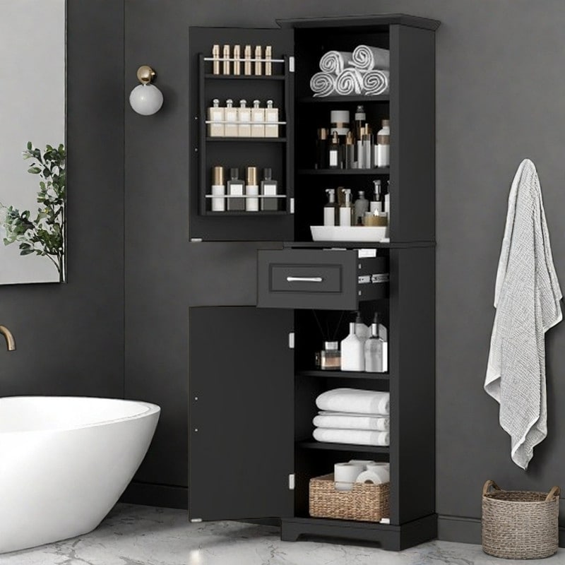 Tall Bathroom Storage Cabinet with Adjustable Shelves, Freestanding Linen Cabinet with 2 Doors, Drawer