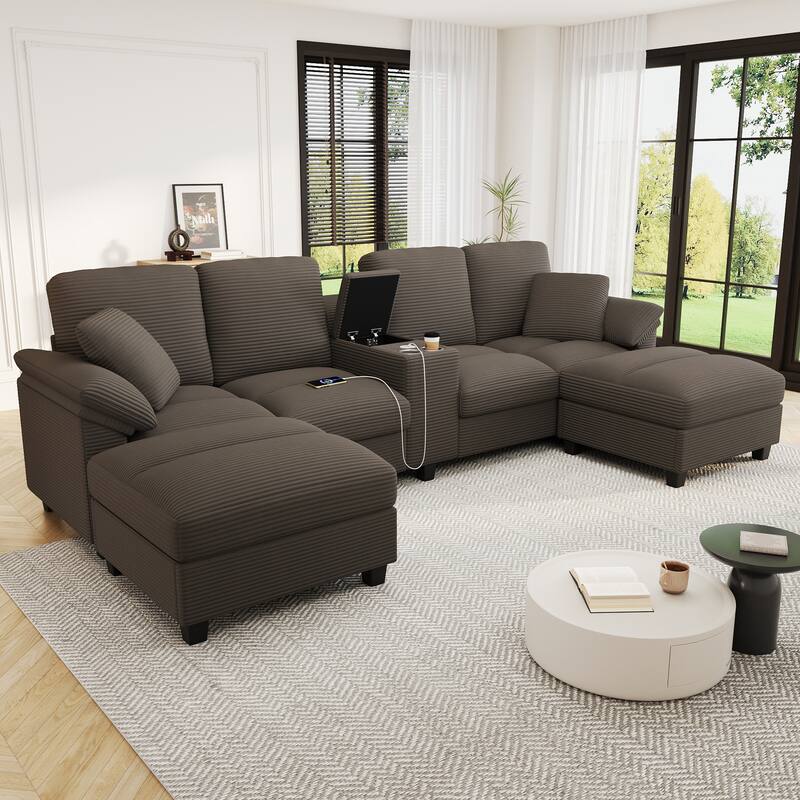 Corduroy Upholstered 4 Seat Sofa, U-shaped Sectional Sofa with Movable Storage Ottomans, Console, Cup Holders and USB Ports
