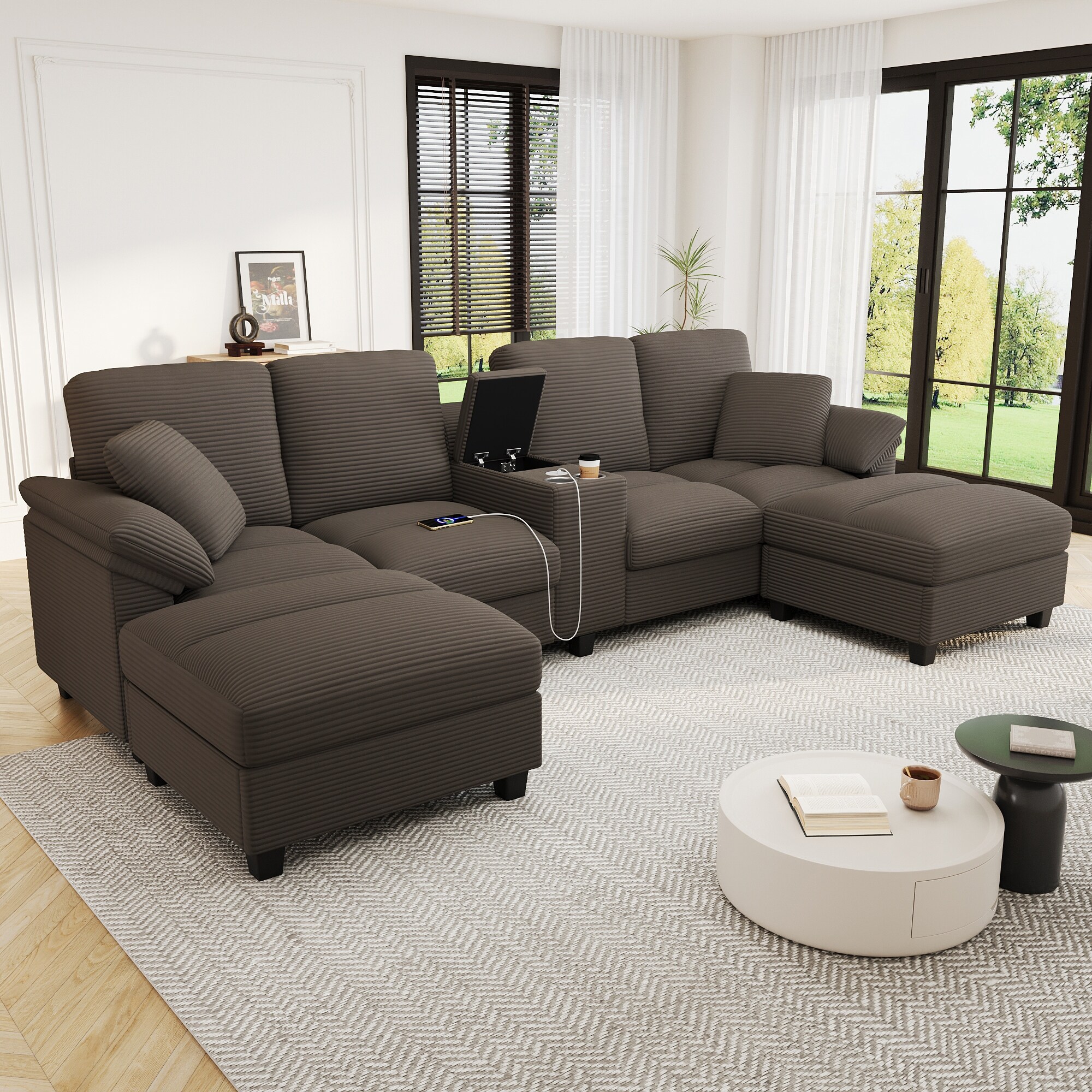 Modern U Shaped Cloud Sectional Sofa Corduroy Upholstered Couch with 2 Storage Ottomans Cup Holders & USB Ports for Living Room