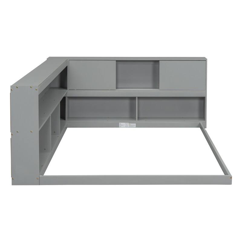 Full Floor Bed Frame with L-shaped Bookcases, Sliding Doors,without Slats