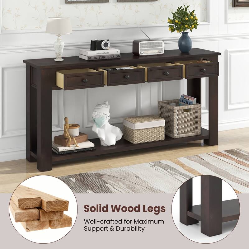 Gymax 63'' Farmhouse Entryway Table with 4 Storage Drawers and Open