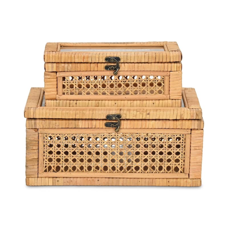 Set Of Two Natural Wood Rattan And Glass Jewelry Boxes
