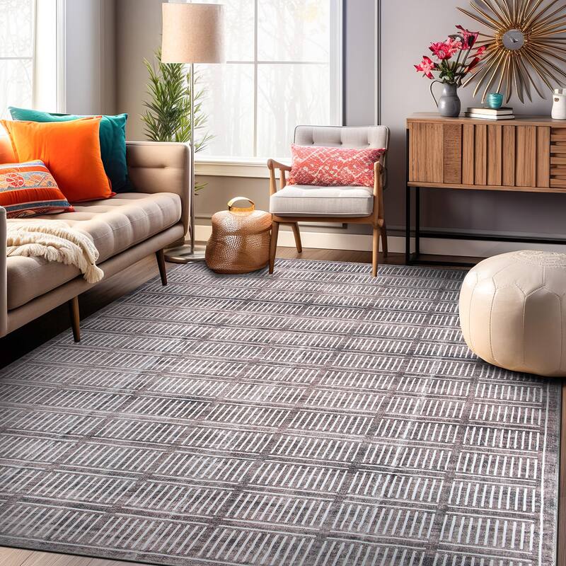 World Rug Gallery Bohemian Stripe Lines Washable Non Slip Area Rug - Brown - 8'x10'