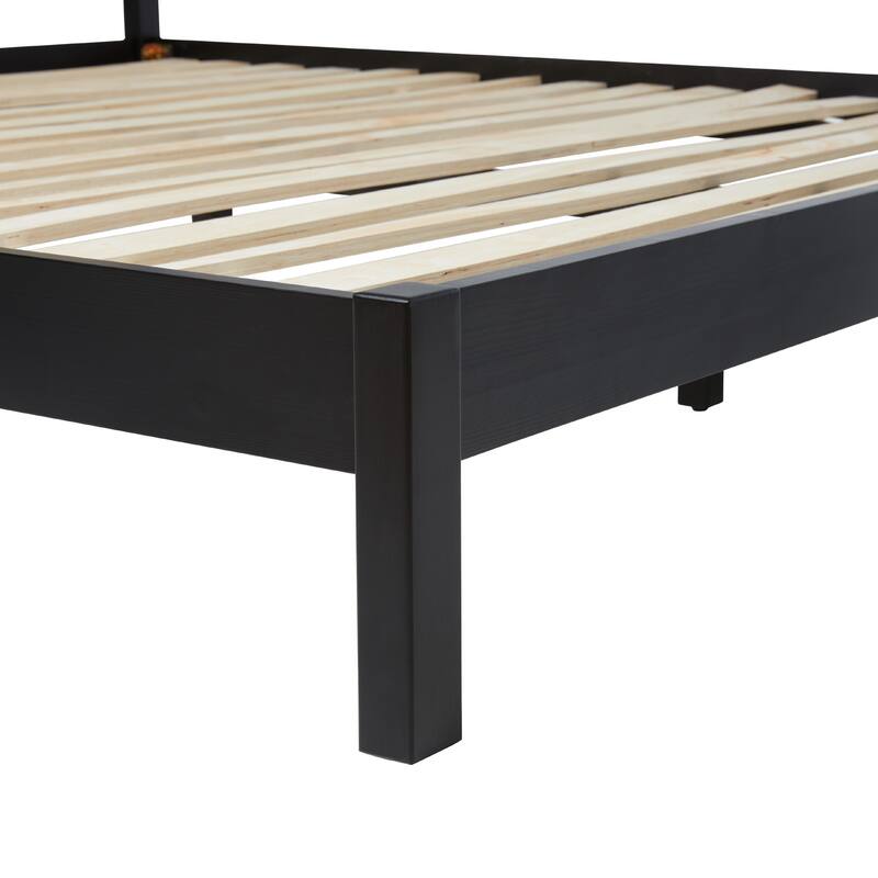 Solid Wood Rattan Panel King Bedframe in Black