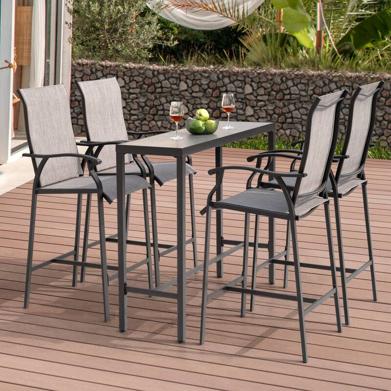 Outdoor Iron Rectangular Bar Table with 3D-Print Tempered Glass Tabletop, Black and Gray