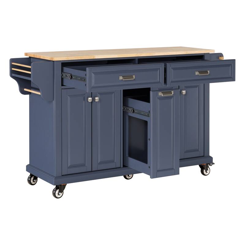 Kitchen Island with Rubber wood Countertop, Kitchen Cart on 5 Wheels with Storage Cabinet and 2 Top Drawers