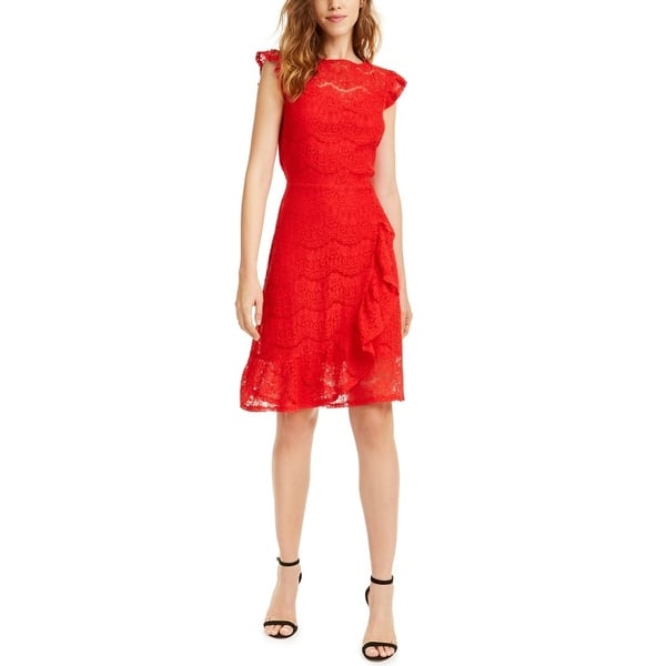 Monteau Women's Ruffled Lace Dress Red Size Petite X-Large Bed