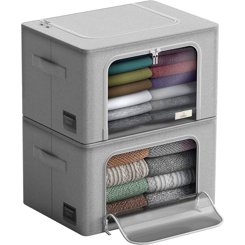 Storage Bins, Foldable Stackable Container Organizer Set with Large Window & Carry Handles - Grey
