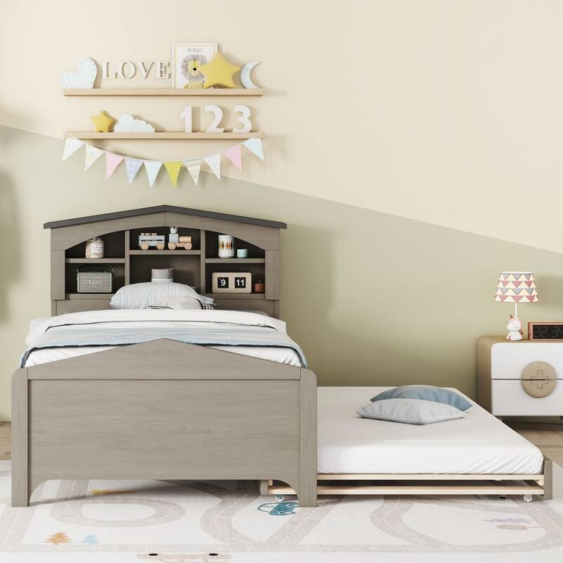 Twin Size Wood Platform Bed with House-shaped Storage Headboard and Trundle
