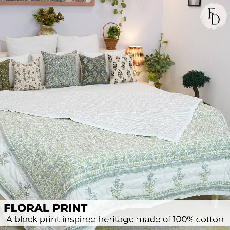Fabdivine Vegetable Dyed Hand Block Print Cotton Quilt - Blue Green Floral, Eco-Friendly Artisan Bedding Reversible Bedspread