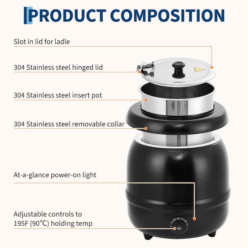 Portable Electric Drum-Type Soup Food Warmer for Restaurant, Buffet, Catering