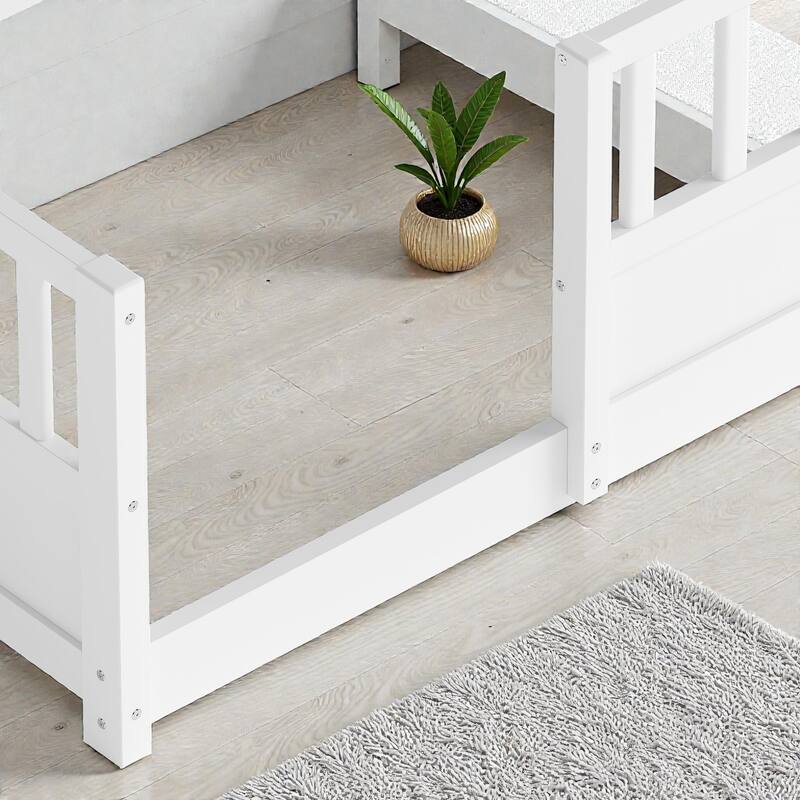 Wooden Floor Bed with Fence Guardrails, Montessori Style Kids Bed Frame with Side Storage Design