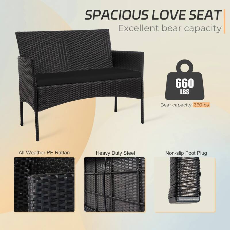 4 Piece Patio Conversation Wicker Furniture Set, Outdoor Rattan Sectional Furniture Set With Cushions