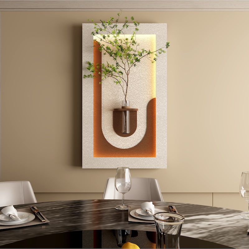 Adjustable 3-Color LED Sandstone Wall Decor with Simulated Green Plants, Glass Vase & Rabbit Statue, Remote Control Light Strips