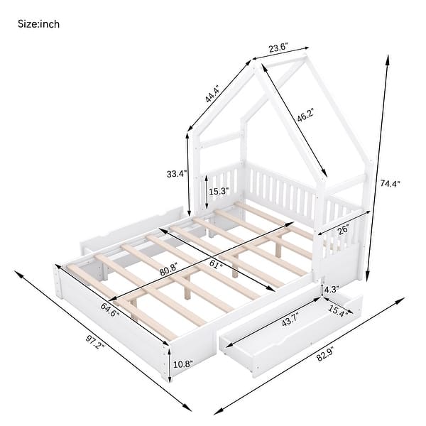 dimension image slide 1 of 2, Queen Size House Shaped Platform Bed with 2-Drawers, Wooden Kids Storage Bed Frame with Guardrail for Bedroom, White