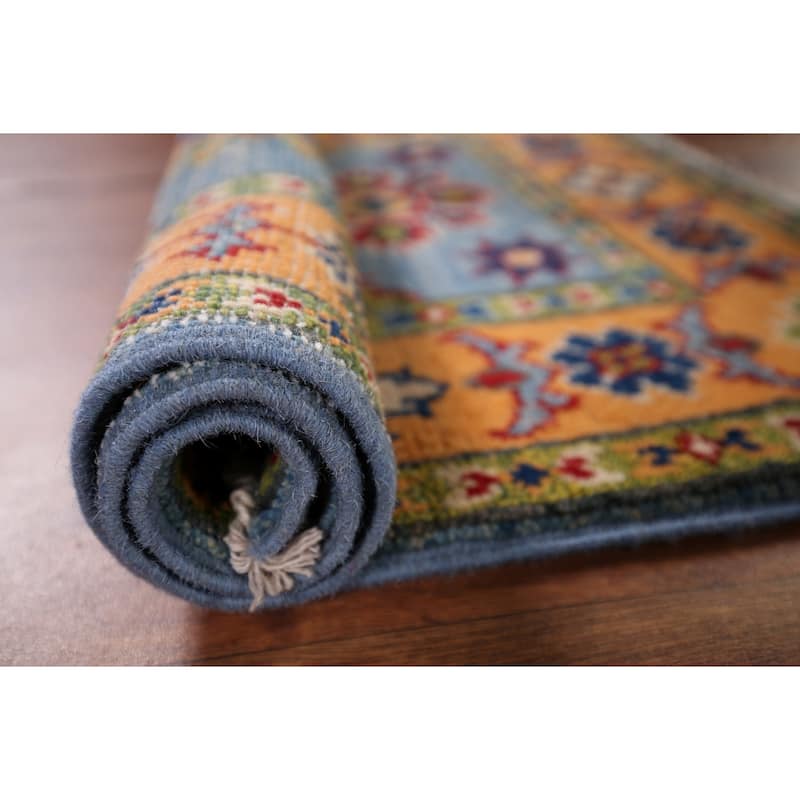 Blue Geometric Kazak Accent Rug Handmade Traditional Wool Carpet - 2'0" x 2'11"