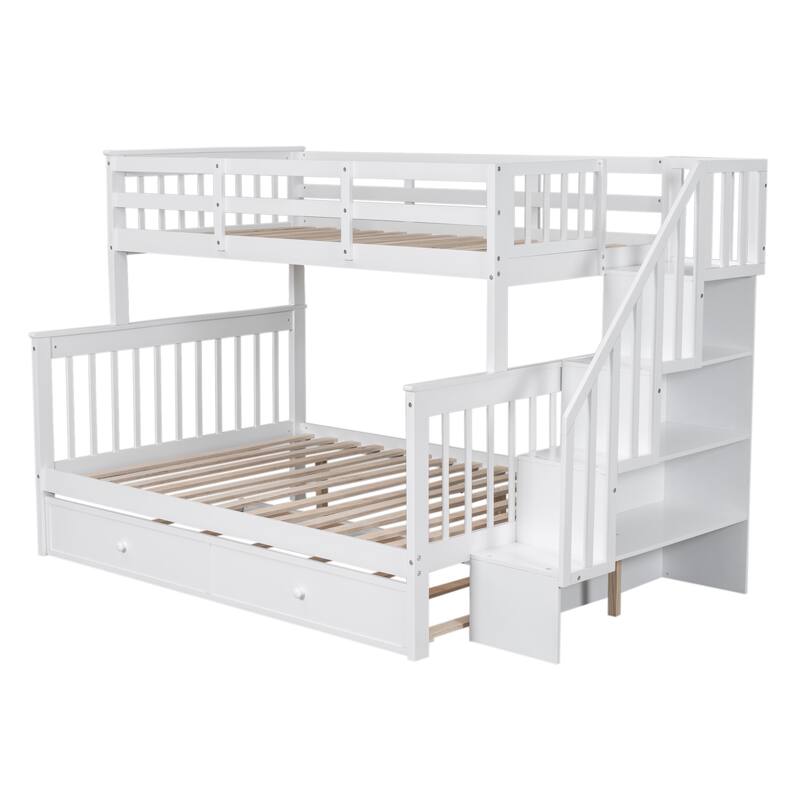 Twin-Over-Full Bunk Bed with Trundle, Storage Stairway and Guard Rail