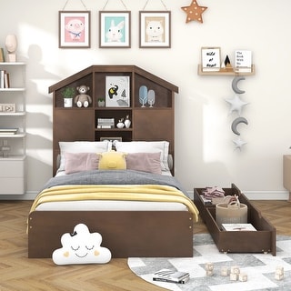 Wood Platform Bed with House-Shaped Storage Headboard and 2 Drawers