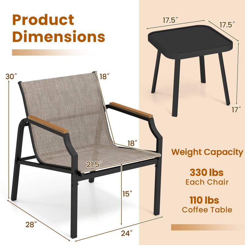 Outdoor 3-Piece Patio Set with Comfy Fabric Chairs and Glass Table for Porch or Balcony - 28" x 24" x 30"