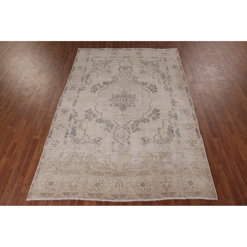 Distressed Tabriz Vintage Persian Rug Handmade Muted Wool Carpet - 6'2" x 9'2"