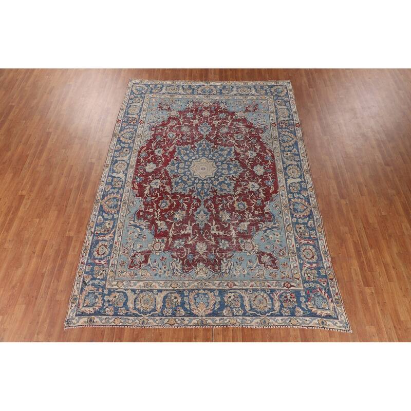 Distressed Mashad Persian Vintage Area Rug Hand-Knotted Wool Carpet - 8'5" x 11'5"