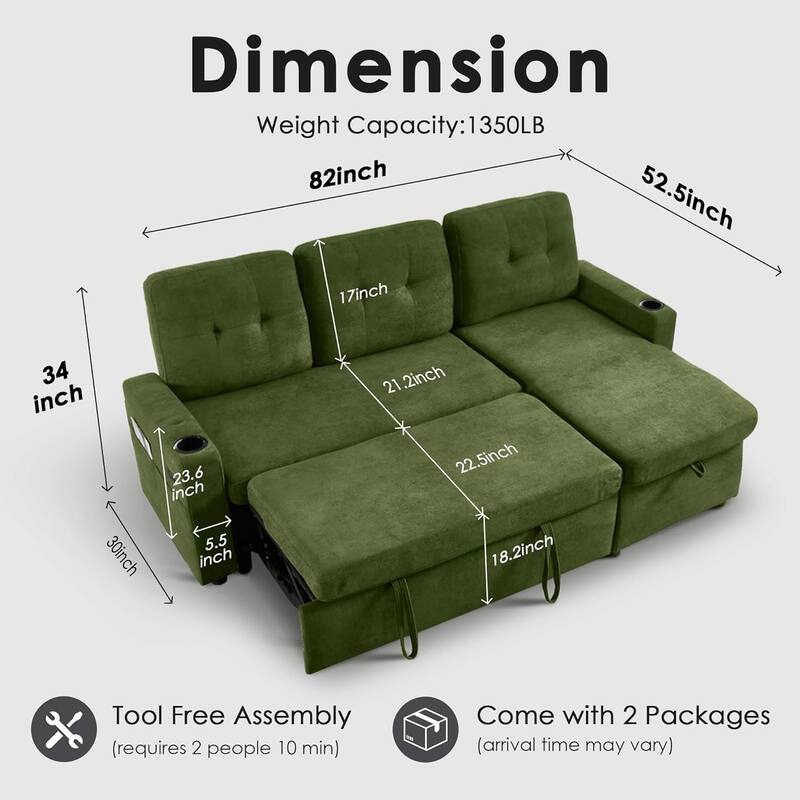 Reversible Sectional Sofa Couch,Sleeper Sofa Bed with Storage Chaise Pull Out Couch for Living Room,USB Charge,Cup Holder
