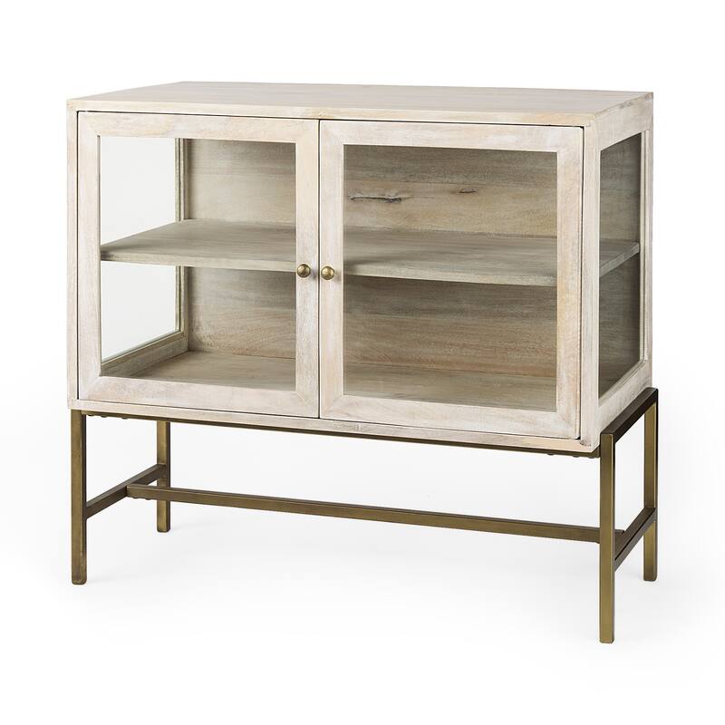 Arelius Light Brown Solid Wood w/ Black Iron Frame & 2 Glass Doors Accent Cabinet - 36.0L x 18.0W x 32.0H - Blonde Wood & Gold Frame