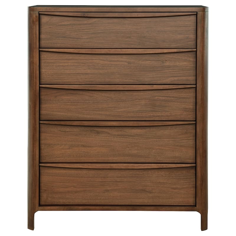 Rie Tall Dresser Chest with 5 Storage Drawers, Brown Walnut Wood