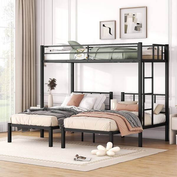 slide 2 of 14, Twin XL Over Twin & Twin Metal Triple Bunk Bed with Guardrails, Ladder, Convertible to 3 Beds Black