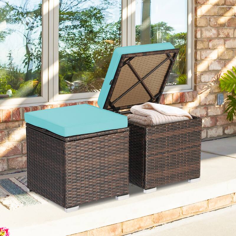 Costway 2PCS Patio Rattan Ottomans Seat Side Table Storage Box - See Details