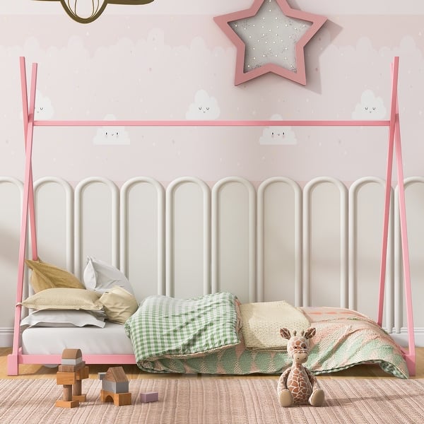 slide 2 of 12, House Design Twin Size Metal Platform Bed with Triangle Structure,Simple Style Pink