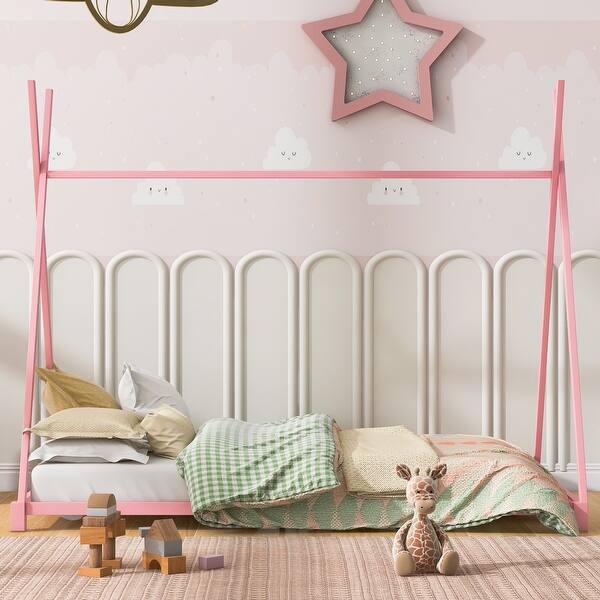 slide 2 of 34, Pink Metal House Bed, Twin Size, with Triangle Structure Pink - Twin